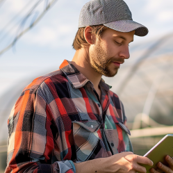 Rolnik analizujący dane na tablecie w szklarni – nowoczesne technologie wspierające zrównoważone rolnictwo.